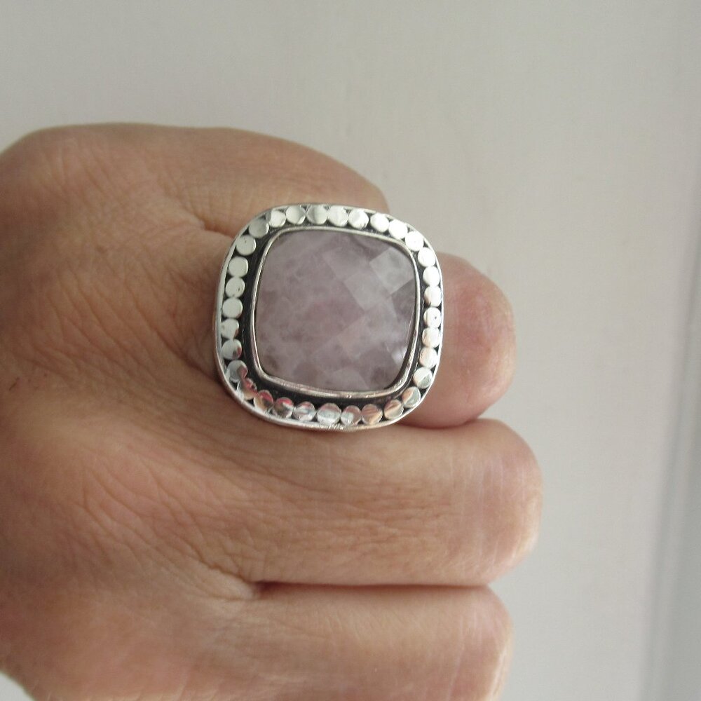 925 Sterling Silver and Real Cushion Rose Quartz Cocktail Ring Size 6.75